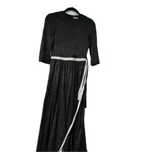 Belissa woman's S black sparkle LBD long fancy holiday party pleated belted fun